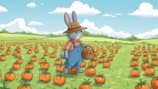 Cartoon of a rabbit farmer harvesting oranges in a large grassy field under clouds