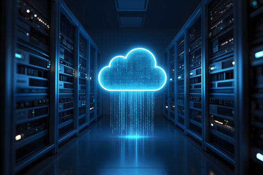 Cybersecurity Server Room: Futuristic Blue Cloud Data Wallpaper, Digital Rain, Technology Background