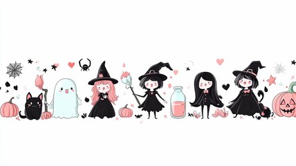 Fototapeta premium Cute Halloween Witch Ghost Black Cat Cartoon Characters, Pumpkin Spider Web Festive Banner Decorative Design