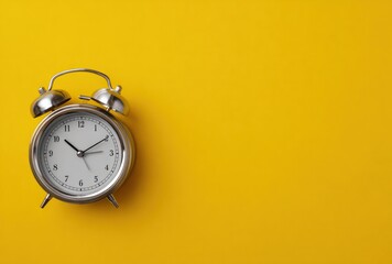 An analog alarm clock sits left on a bright yellow surface, providing ample copy space to the right in a simple, flat-lay composition