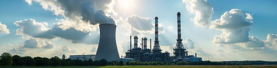 Imposing Industrial Refinery Cooling Tower Vapor Rising Against a Partly Cloudy Sky
