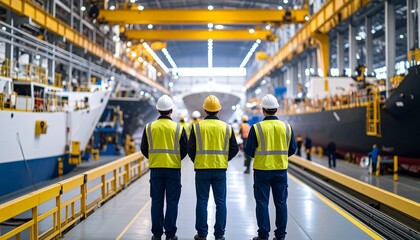 Obraz premium High-Tech Shipyard Production Line with Skilled Workers Assembling Large Vessels in Modern Industrial Facility