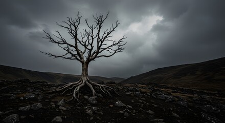 Dramatic bare tree with exposed roots stands resilient against a stormy, moody sky on a desolate rocky landscape.