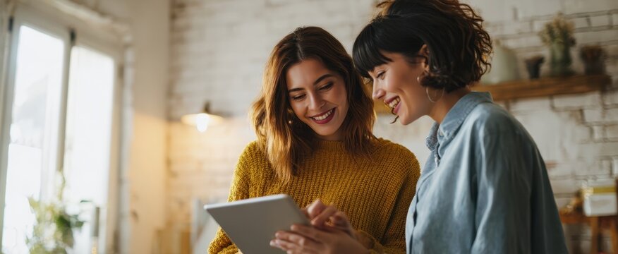 The tablet and two smiling women collaborating over ideas in a cozy bright living room - Powered by Adobe