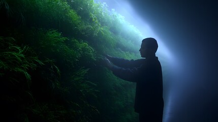 Fototapeta premium Man Interacting with Natural Wall: A solitary figure engages with the living wall, fingers outstretched, as if communing with nature itself. The scene evokes both peace and introspection.