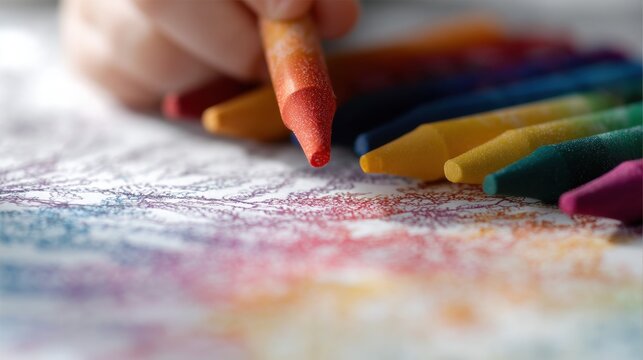 Close-up of a person's hand holding a crayon and drawing on a piece of paper.