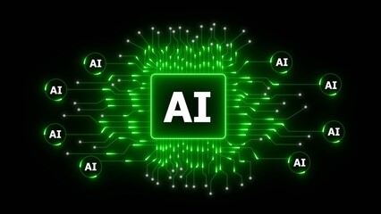 A digital representation of artificial intelligence with a central glowing AI symbol surrounded by circuit patterns and smaller AI icons, all in green hues against a black background.