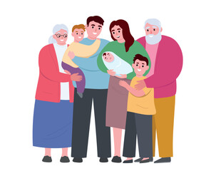 Big friendly family together. Relatives of different generations in full growth. Mom, dad, grandparents take care of children. Vector flat graphics.