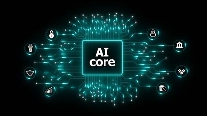 A digital representation of an AI core surrounded by various icons representing security, finance, banking, and technology, with glowing circuits.