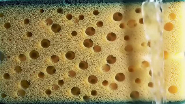 Water flowing through kitchen sponge