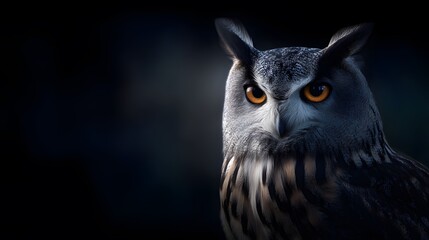 Obraz premium Owl's Introspection: A majestic owl stares intently, showcasing its mesmerizing gaze, in this intimate portrait set against a darkly atmospheric backdrop.