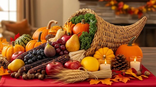 Abundant cornucopia filled with autumn harvest foods spilling onto a red table