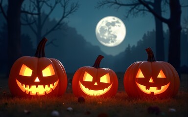 Jack O’ Lanterns Glowing At Moonlight In The Spooky Night - Halloween Scene. High quality
