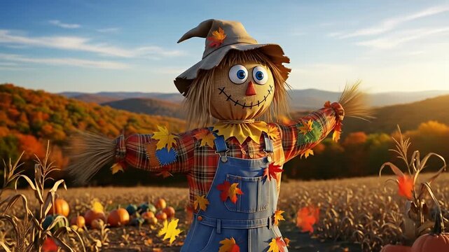 Whimsical scarecrow in overalls stands in a cornfield with colorful autumn foliage