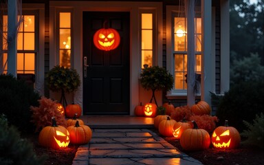 Dark interior of house decorated for Halloween pumpkins, webs and spiders. High quality