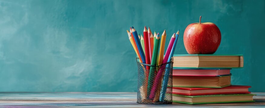 The Apple on Top of Colorful School Books and Pencils on Desk - Powered by Adobe