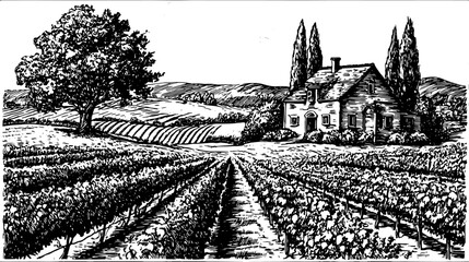 Vineyard with farmhouse, tree, and fields in a rural landscape. Classic black and white engraving style vector illustration.