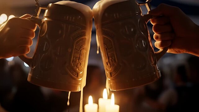 Close-up shot of two large beer steins with overflowing foam, lit by candles, celebrating