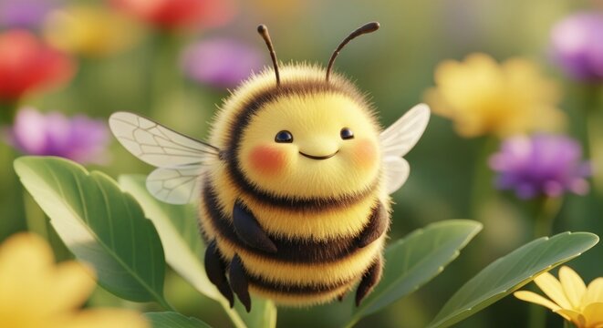 A chubby, fuzzy, cartoon bee with rosy cheeks and a joyful expression hovers above vibrant green leaves amidst a bokeh of colorful flowers in a sunlit field