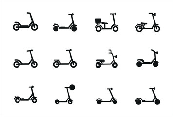 Collection of minimal electric scooter icons in flat vector style. Ideal for infographics, mobile applications, sustainable transport concepts, and eco-friendly design projects.