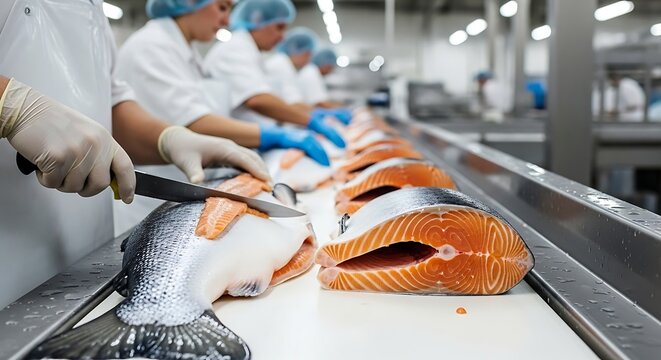 Food manufacturing of salmon with filleting and deboning system