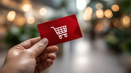 A hand holds a red shopping gift card with a cart icon, set against a blurred background of glowing lights in a retail environment.