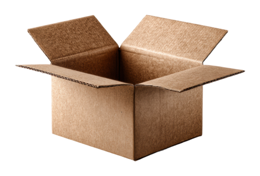 Unpacking a cardboard box in a home office modern workspace isolated on transparent background
