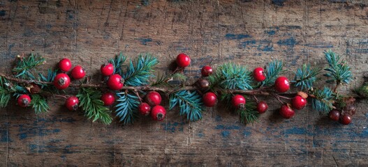 Festive arrangement of evergreen branches and bright red berries on rustic, distressed wood with blue undertones creating a holiday ambiance