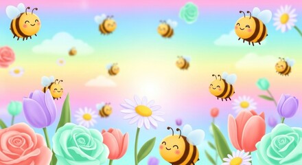 Fototapeta premium A vibrant illustration of cartoon bees flying among colorful flowers like tulips, roses, and daisies under a pastel rainbow sky with a sunburst