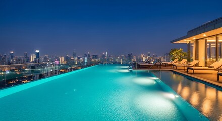 Fototapeta premium Stunning Rooftop Infinity Pool at Night with City Skyline View - Luxury Hotel or Condo.