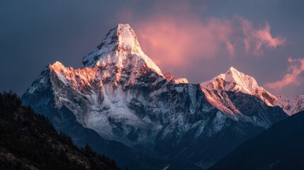 Majestic, snow-capped mountain peak bathed in golden sunlight against a cloudy, dark sky. Trees visible on lower slopes