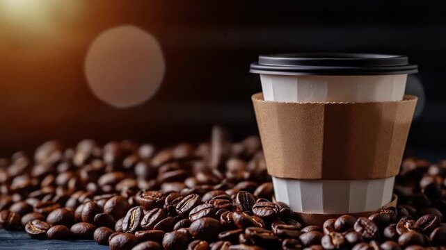 A paper coffee cup with a sleeve sits atop a pile of roasted coffee beans against a dark background with bokeh.