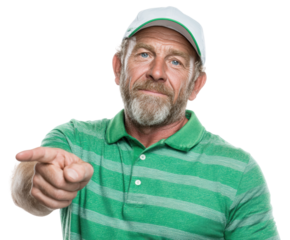 Man pointing in green striped shirt portrait neutral confidence isolated on transparent background