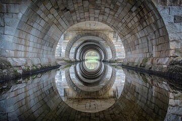 Vaulted bridge structure creates stunning mirror reflection beneath in calm water during early morning light