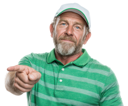 Man pointing in green striped shirt portrait neutral confidence isolated on transparent background