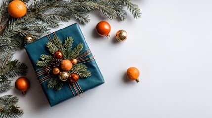 Teal gift box with pine accents and round ornaments on a white surface with scattered evergreen branches