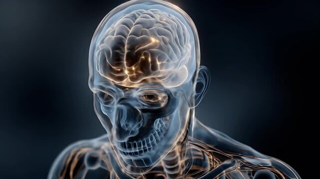Human brain illuminated detailed anatomical view showcasing neurological structure highlighting inner workings with a soft diffused lighting and a dark background