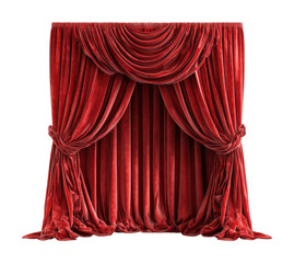Dramatic velvet curtain unveiling stage performance theater interior isolated on transparent background