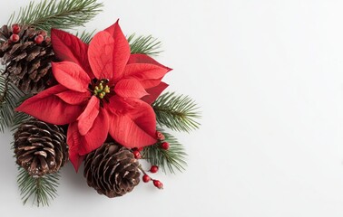 Festive arrangement vibrant red poinsettia, pine branches, pinecones, and berries adorn a plain white background, left-aligned