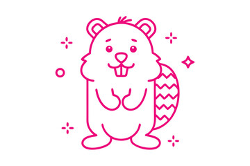Cartoon beaver smiles with front paws together surrounded by cute sparkly designs