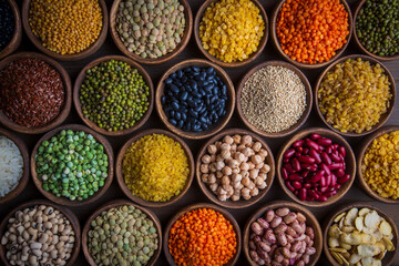 Legumes, a set consisting of different types of beans, lentils and peas