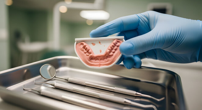 Close-up of a dental professional's gloved hand holding a prosthetic jaw model over a tray of sterile instruments in a clinic