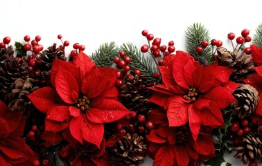 Christmas border with bright red poinsettias, pine cones, evergreen branches, and bright red berries against white background