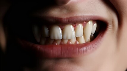 Close-up of open mouth with pale pink lips and straight, white teeth, dark background