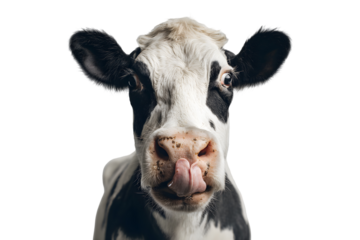 Cute cow sticking out tongue with funny face isolated on transparent background