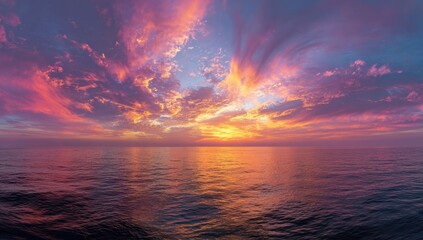 A vibrant sunset glows over calm ocean waters, with dramatic clouds painting the evening sky.