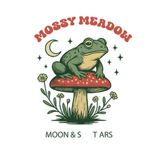 Mossy Hollow Vintage Toad on Amanita Mushroom with Moon and Stars, Whimsical Forest Badge Vector, t-shirt design, poster, banner, easily editable and scalable.