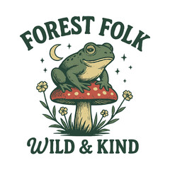 Mossy Hollow Vintage Toad on Amanita Mushroom with Moon and Stars, Whimsical Forest Badge Vector, t-shirt design, poster, banner, easily editable and scalable.