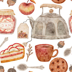 A digital watercolor seamless pattern with various autumn-themed clipart like kitchenware, fruits, and snacks on a white background. © Kattypainting