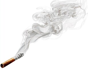 A lit brown cigar with thick, swirling white smoke rising diagonally upwards against a stark white background